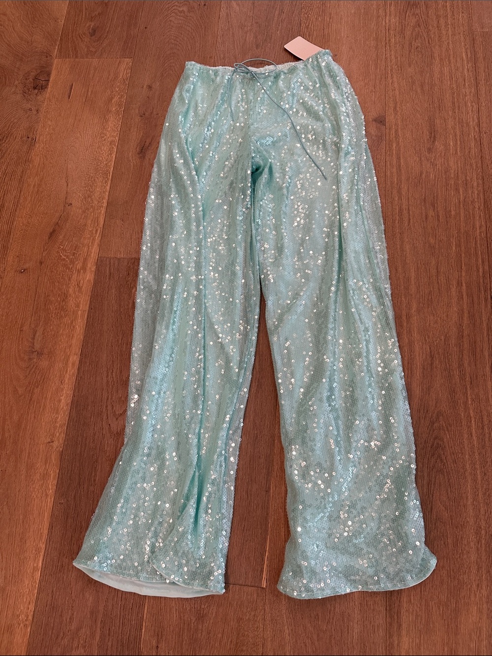 Sequin Wide-Leg Pants in Aqua